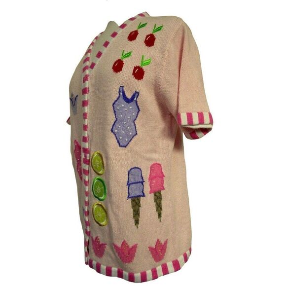 Quacker Factory Summer Theme Appliqued Pink Cardi Sz M Short Sleeve NEW - Picture 3 of 9